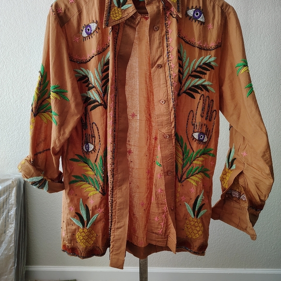 FARM RIO Mystic Embroidered + Beaded Button-Up Shirt Small - Picture 3 of 10